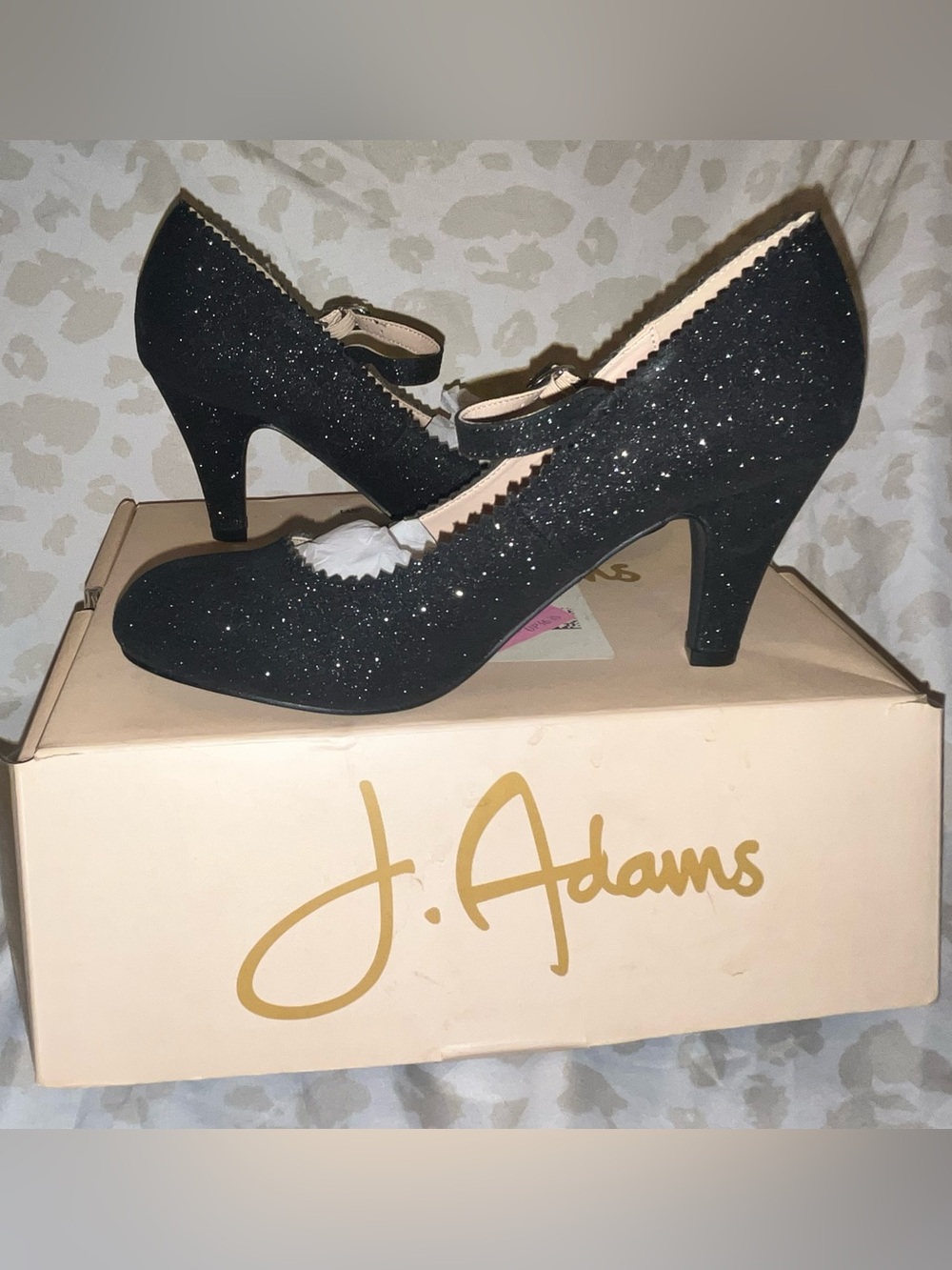 Adams Black Glitter Mary Jane Heels with Ankle Strap